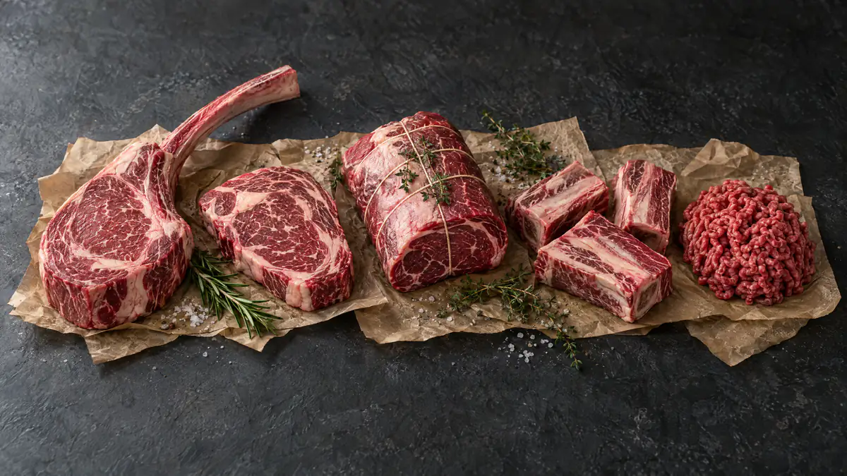 Raw beef cuts: tomahawk steak, rib-eye, tied roast, short ribs and lean ground beef