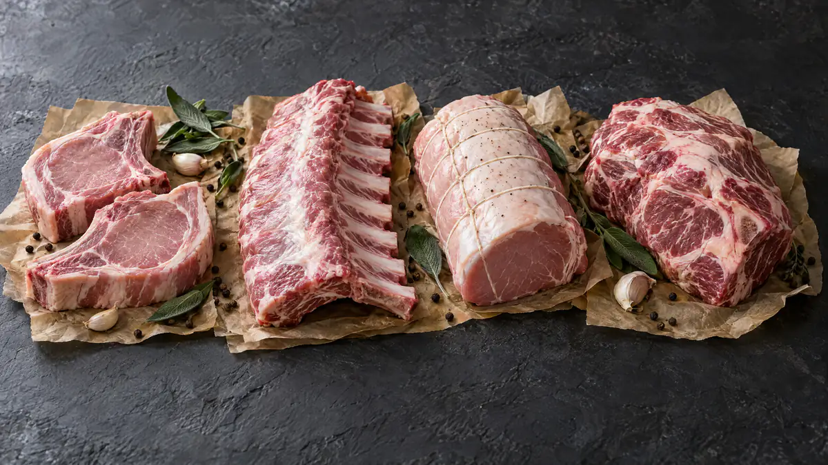 Raw pork cuts: bone-in chops, back ribs, tied loin roast and shoulder