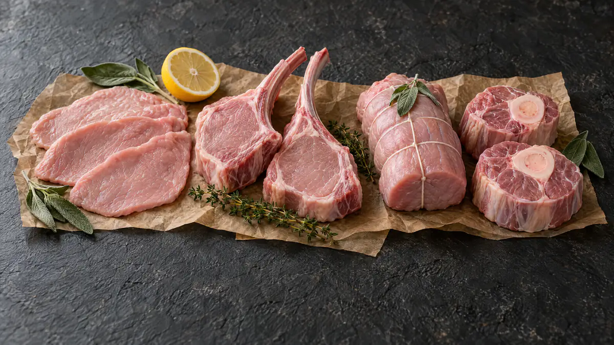 Raw veal cuts: cutlets, chops, tied roast and shanks for braising