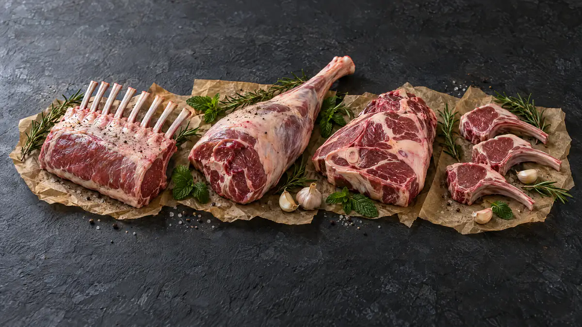Raw lamb cuts: rack, leg, shoulder and chops