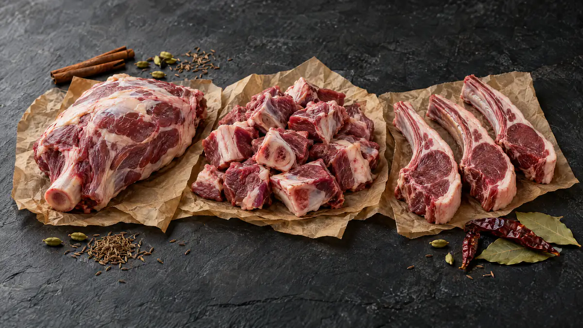 Raw mutton cuts: shoulder, bone-in stew pieces and chops, with whole spices