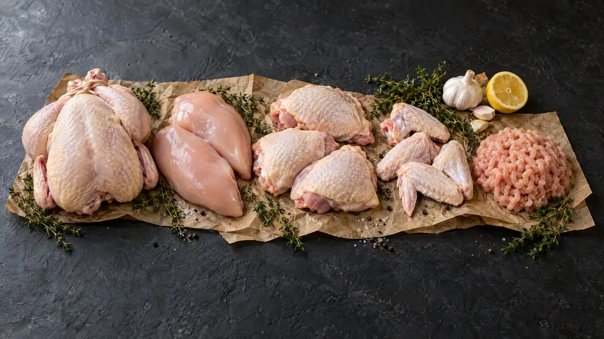 Raw chicken: trussed whole chicken, breasts, thighs, wings and ground chicken