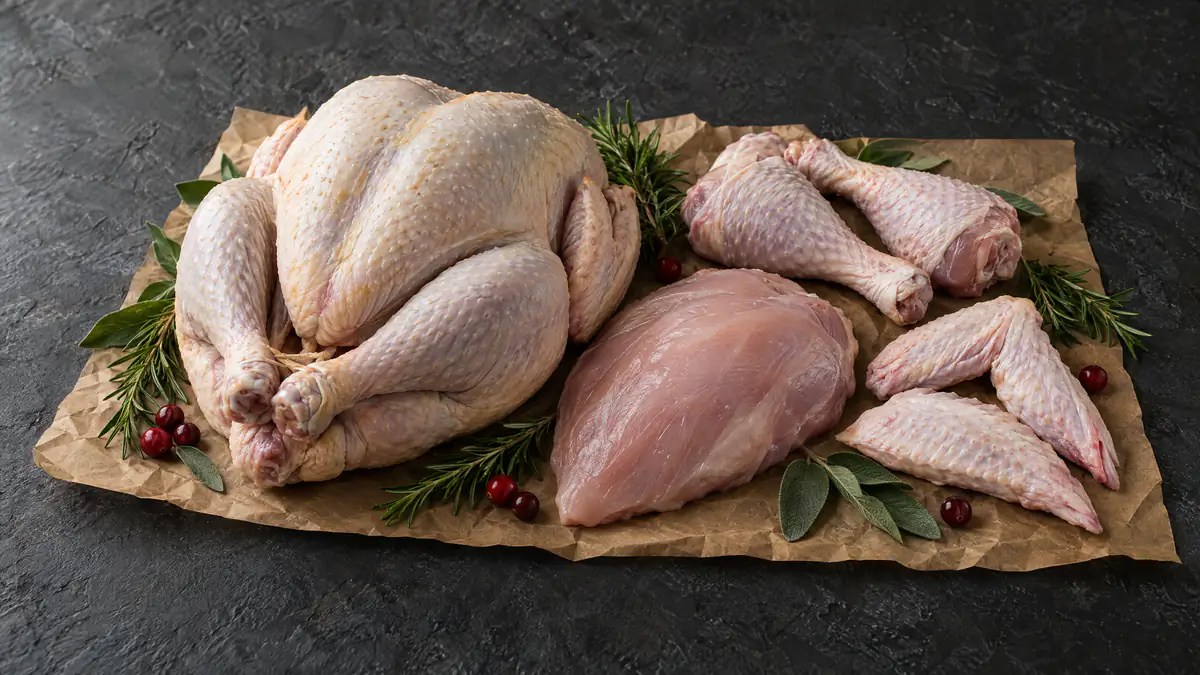 Raw whole turkey with turkey drumsticks, breast and wings