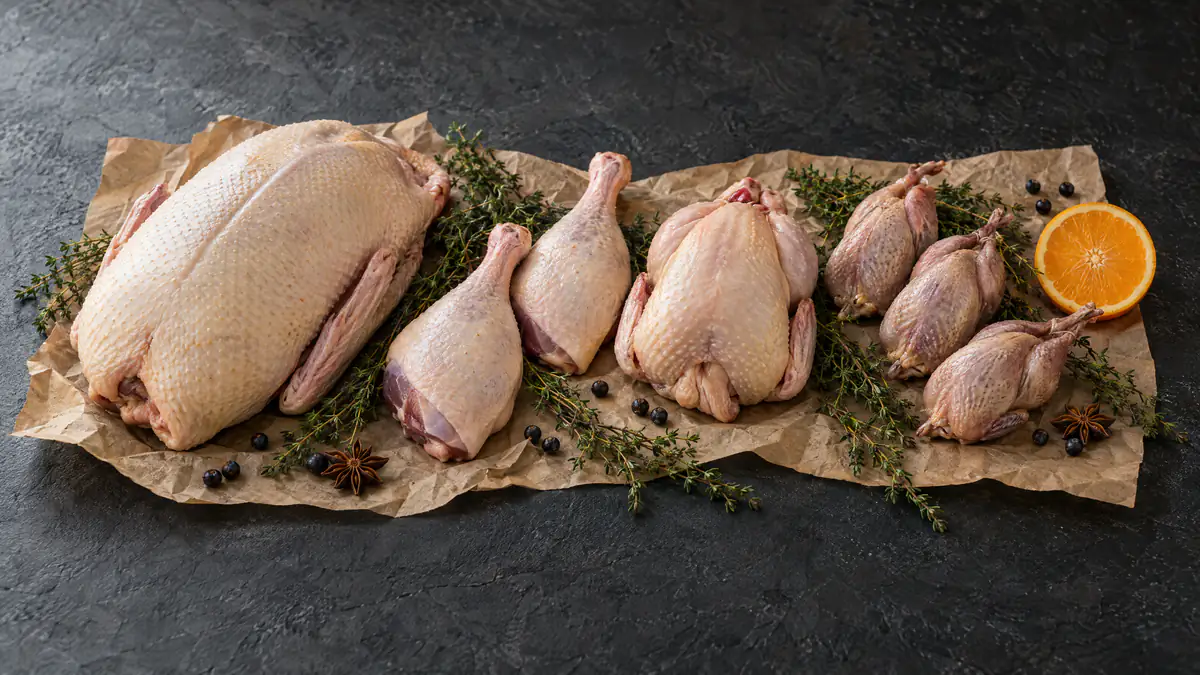 Raw poultry: whole duck, duck legs, Cornish hen and quails