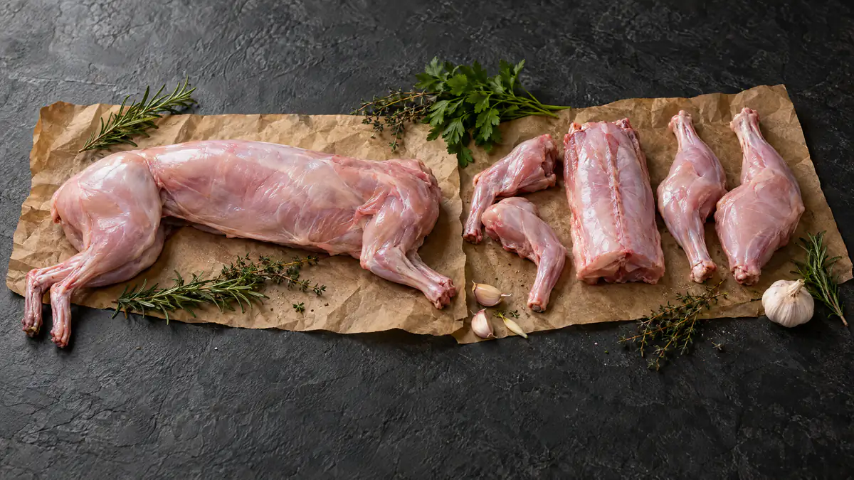 Raw whole rabbit and rabbit cut into pieces