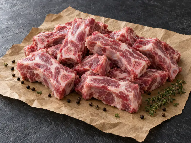 Raw pork neck bones cut into riblets