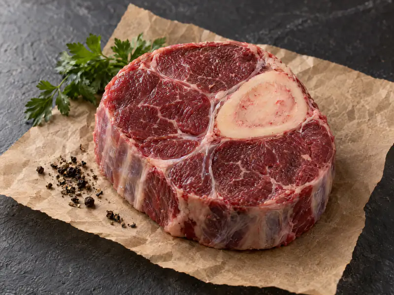 Thick raw beef shank slice with the marrow bone